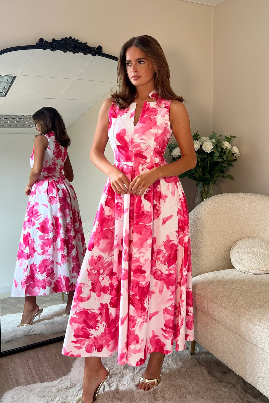 Ameya Pink Floral Notch Neck Sleeveless Midi Dress