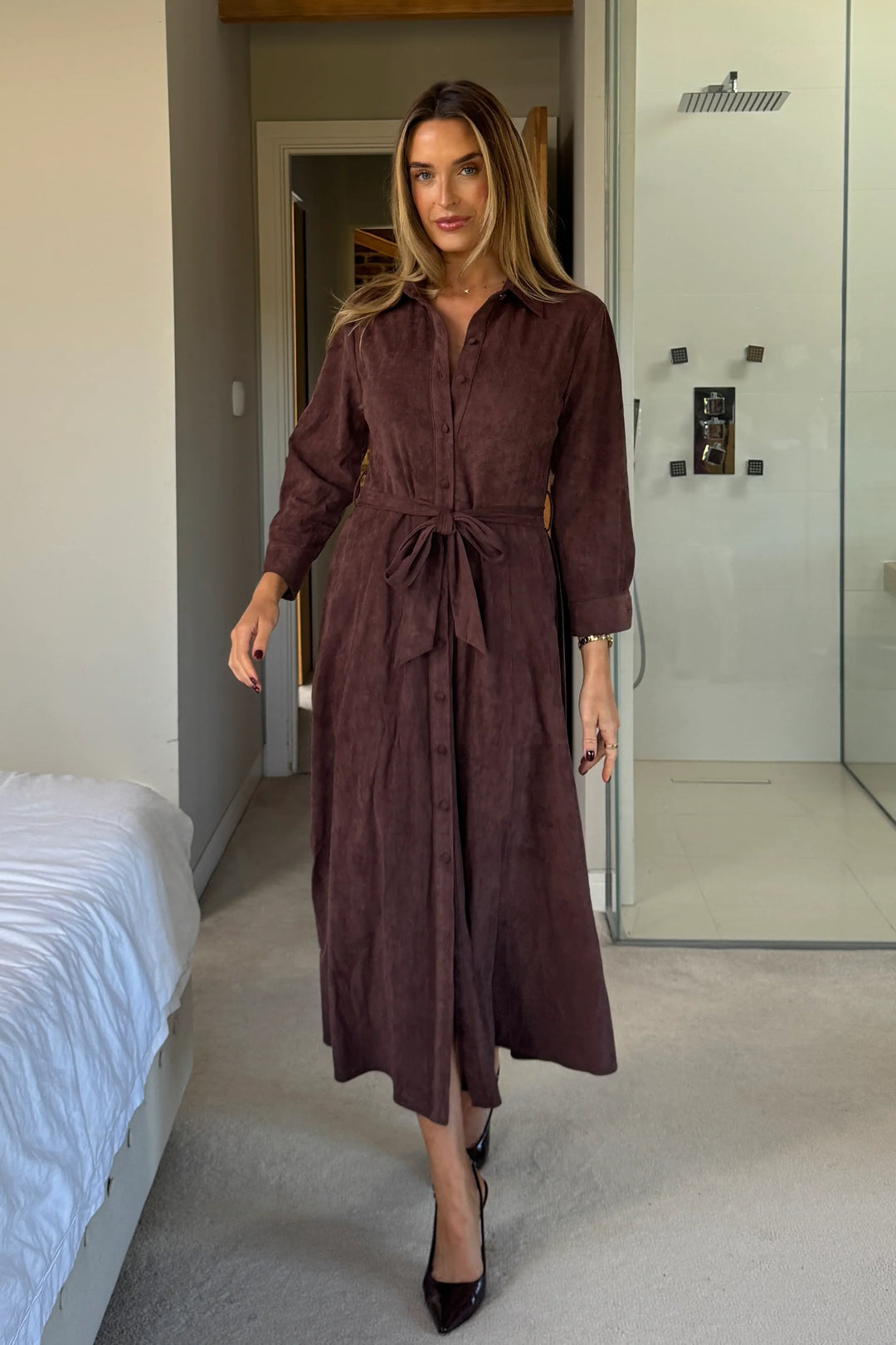 Angela Chocolate Suede Long Sleeve Maxi Shirt Dress | LittleMadam Angela Chocolate Suede Long Sleeve Maxi Shirt Dress | LittleMadam