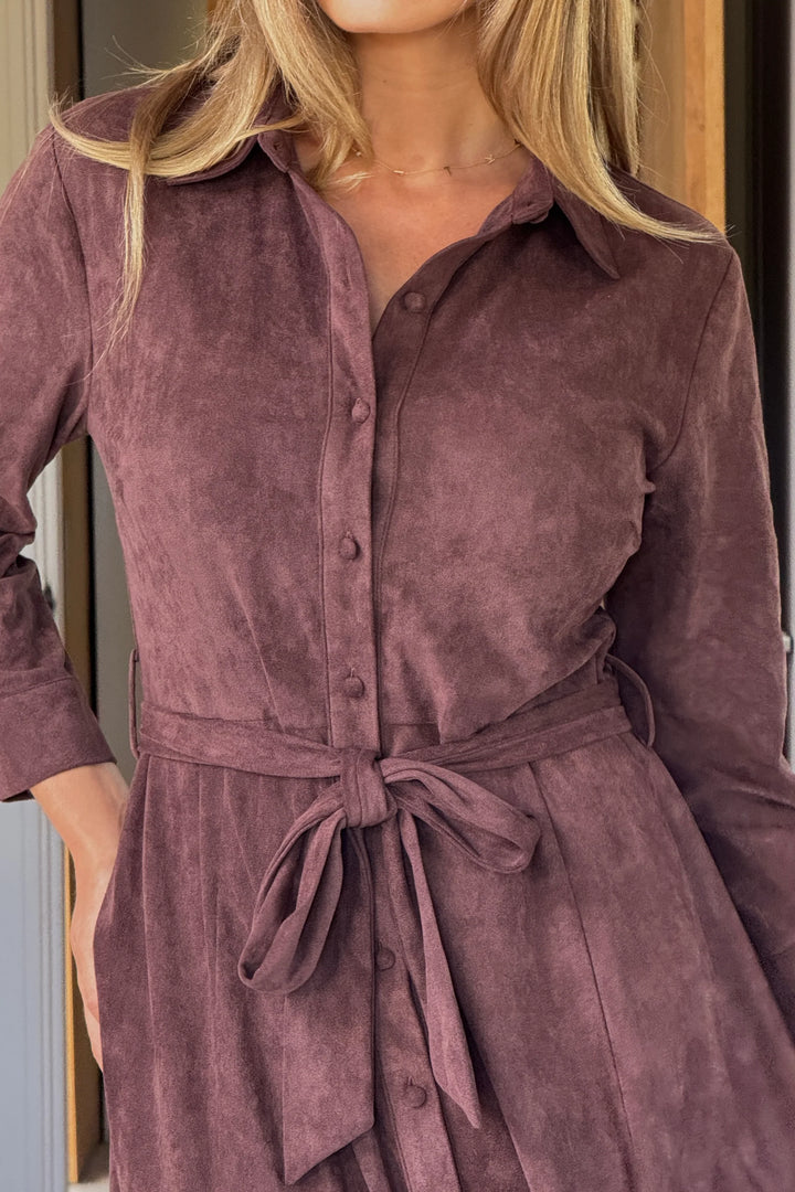 Angela Chocolate Suede Long Sleeve Maxi Shirt Dress With Pockets