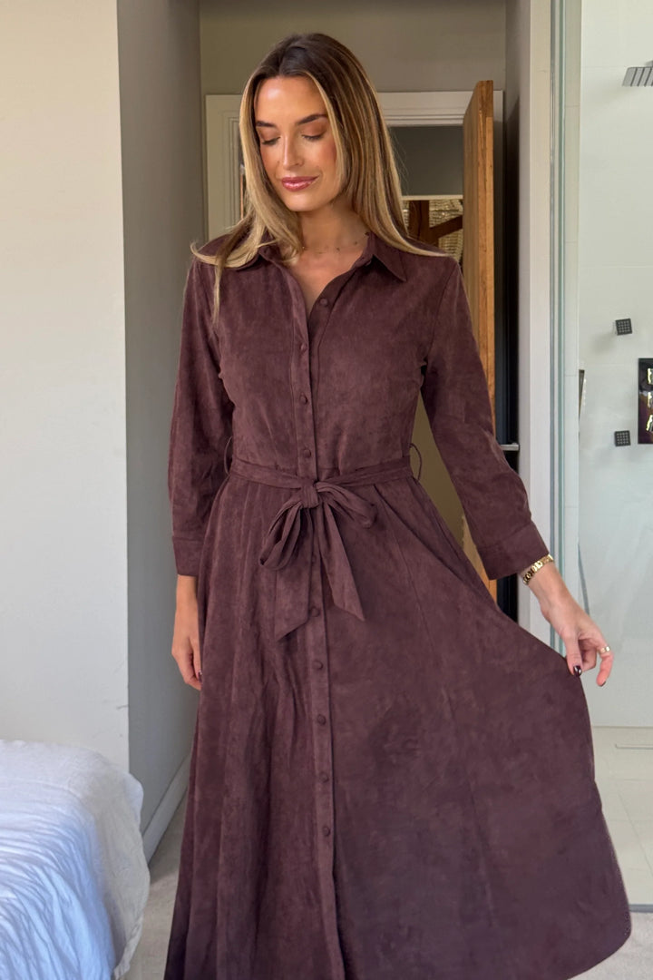 Angela Chocolate Suede Long Sleeve Maxi Shirt Dress With Pockets