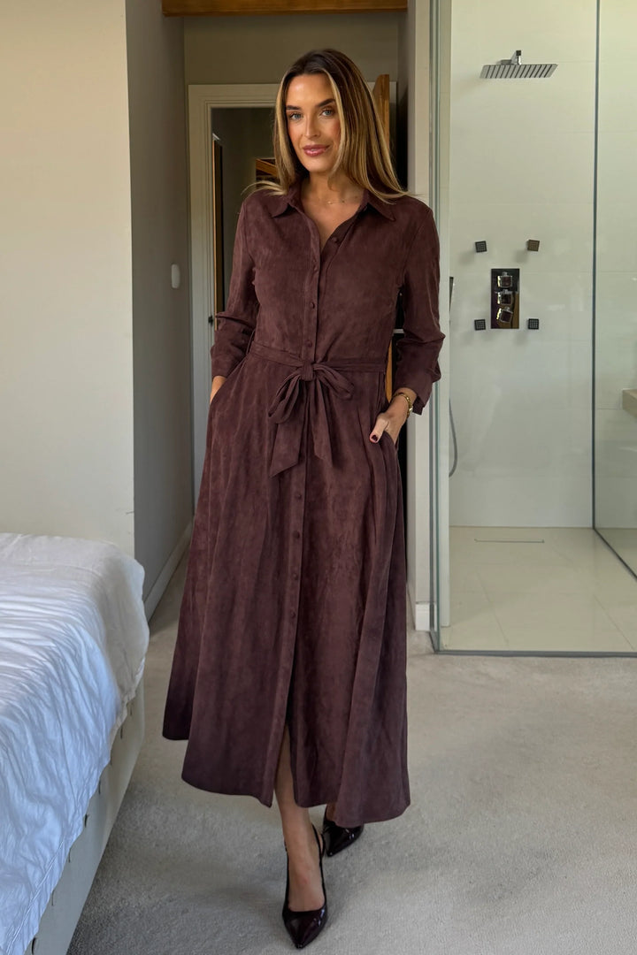 Angela Chocolate Suede Long Sleeve Maxi Shirt Dress With Pockets