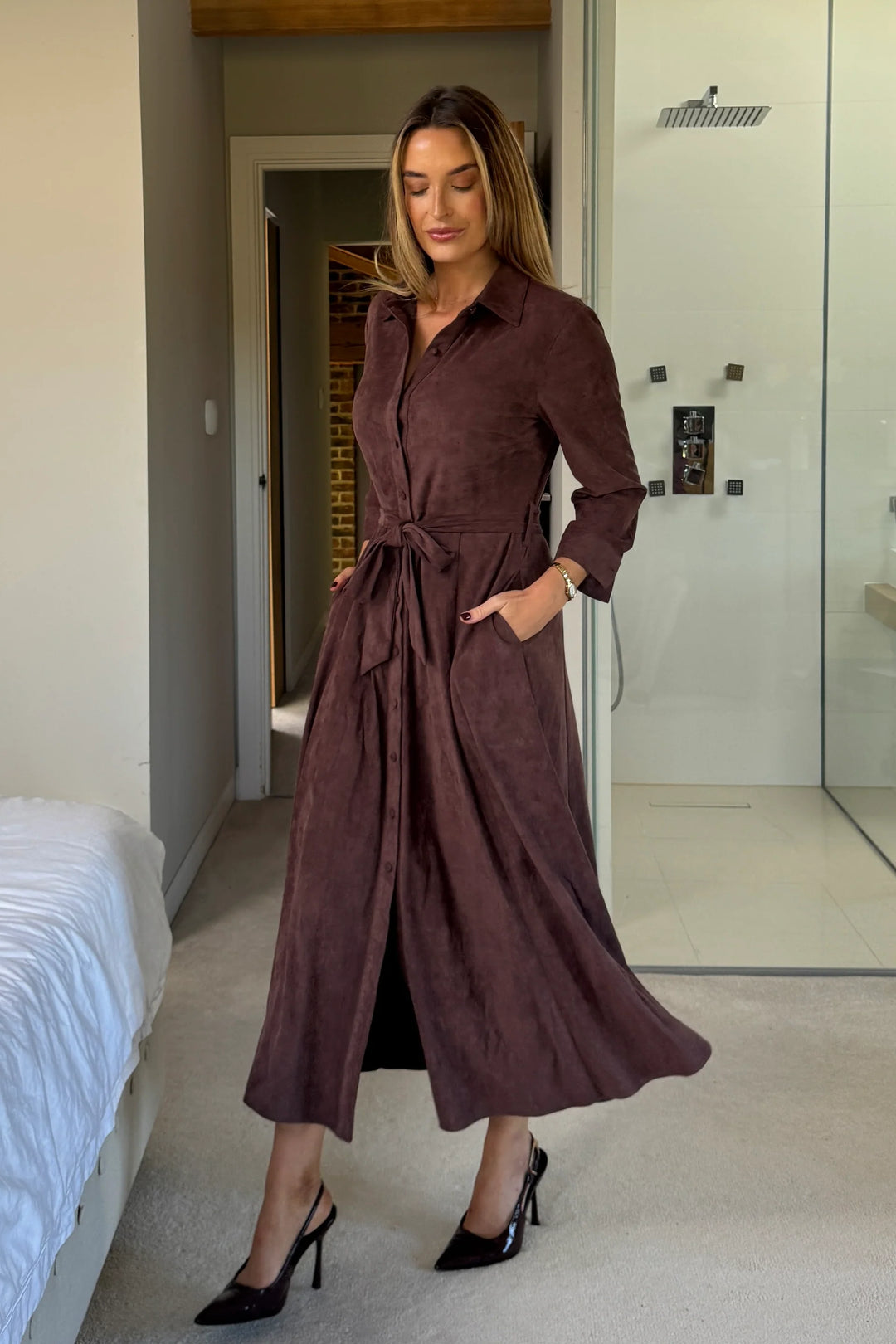 Angela Chocolate Suede Long Sleeve Maxi Shirt Dress With Pockets