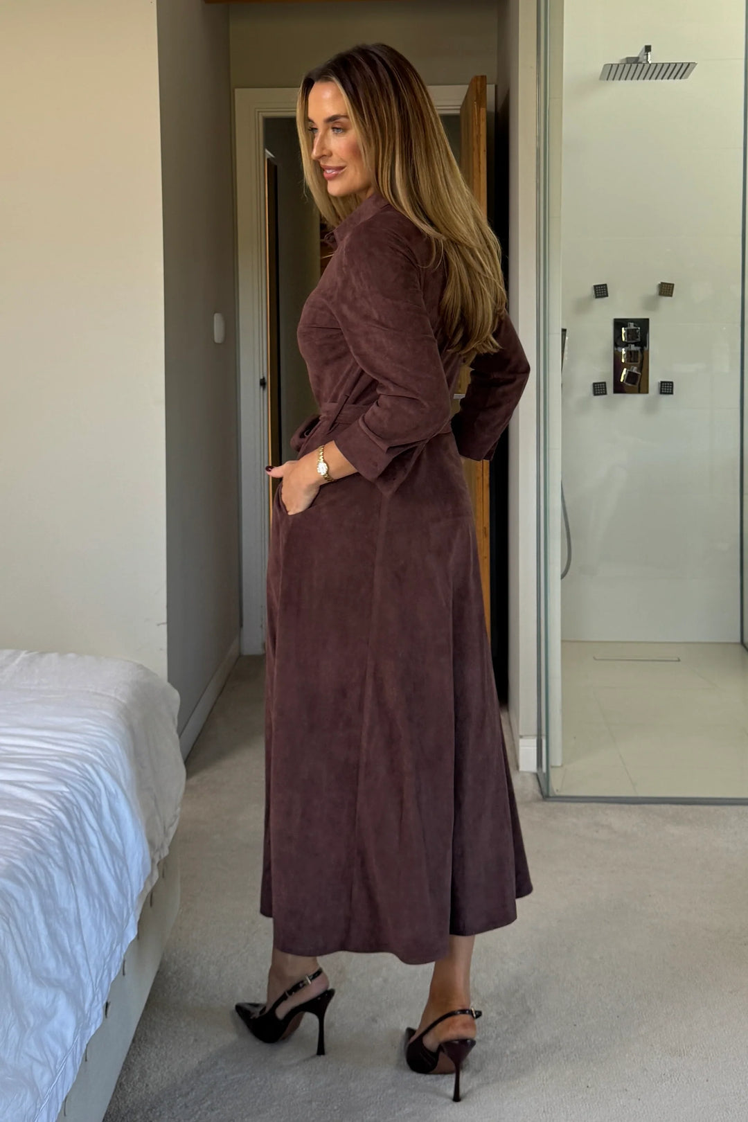 Angela Chocolate Suede Long Sleeve Maxi Shirt Dress With Pockets