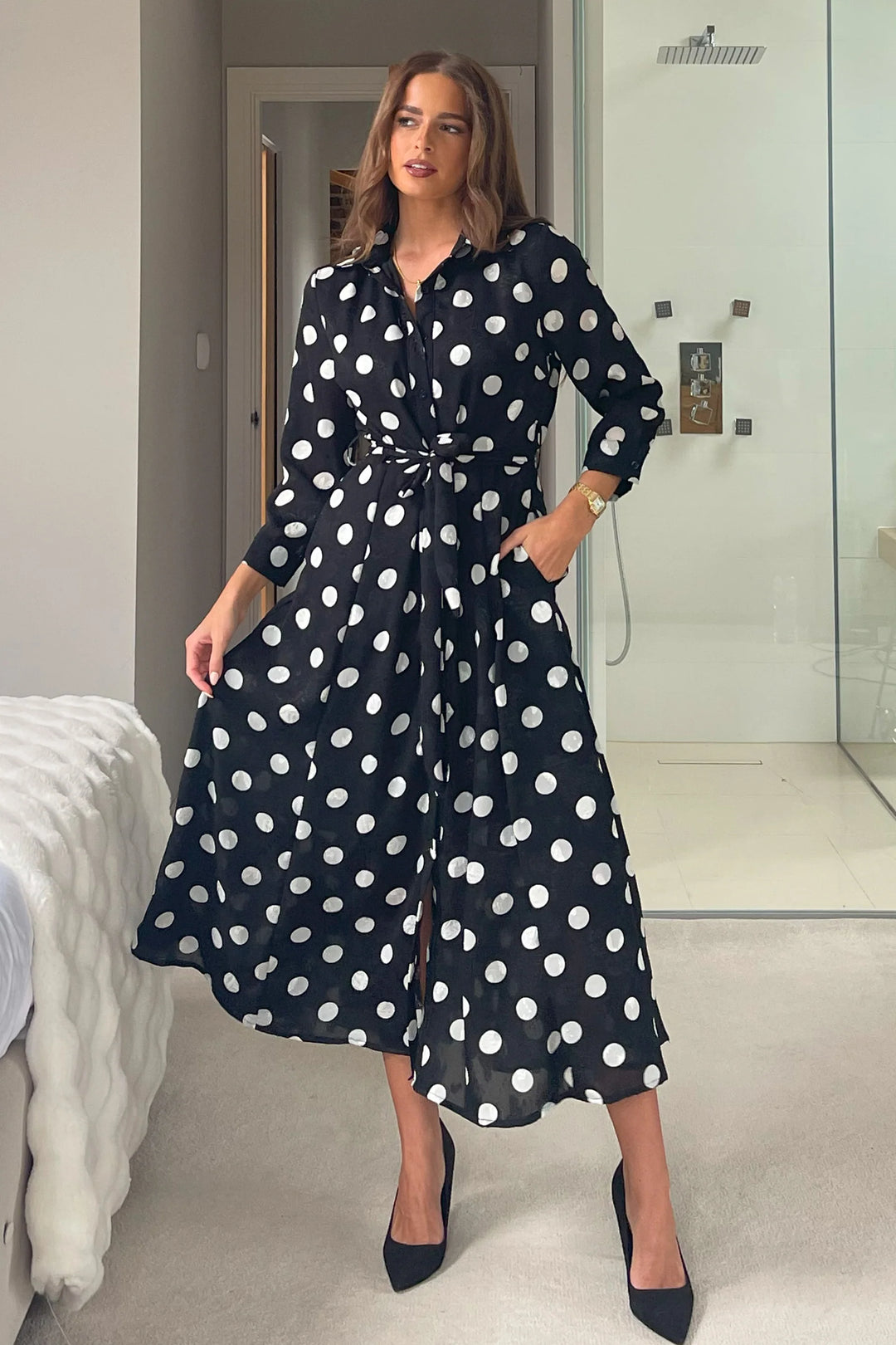 Angela Black and White Polkadot Print Burnout Material Long Sleeve Shirt Dress