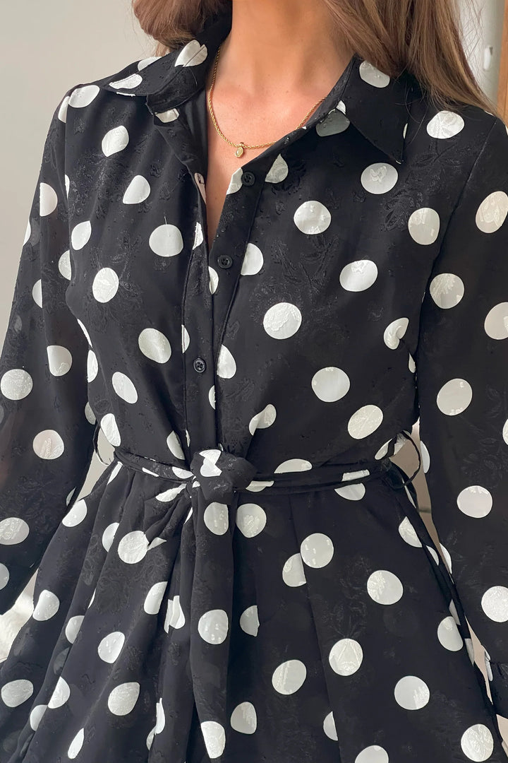 Angela Black and White Polkadot Print Burnout Material Long Sleeve Shirt Dress