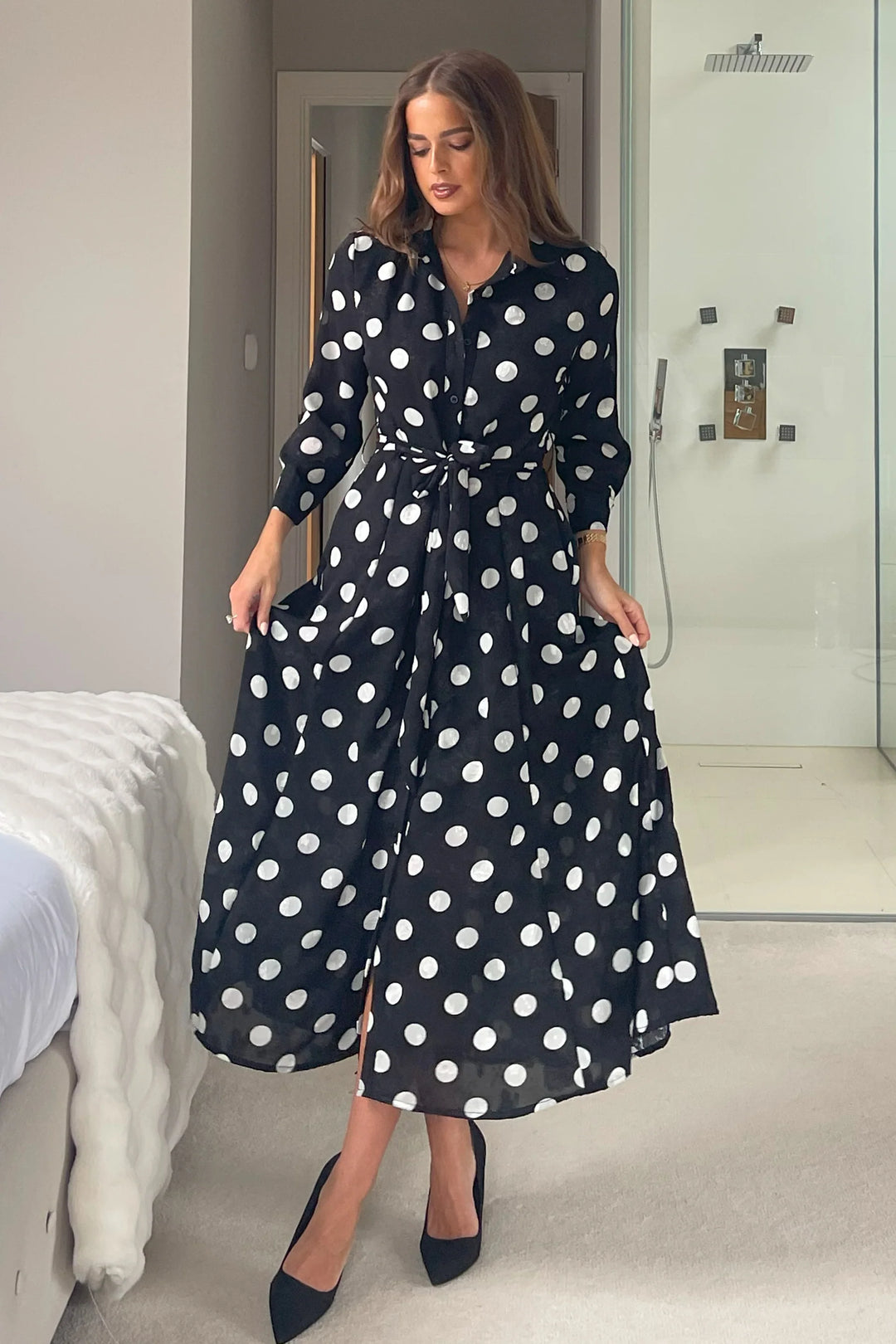 Angela Black and White Polkadot Print Burnout Material Long Sleeve Shirt Dress