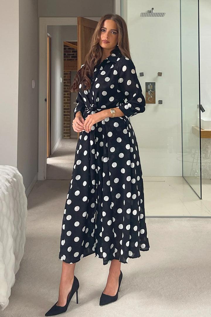 Angela Black and White Polkadot Print Burnout Material Long Sleeve Shirt Dress