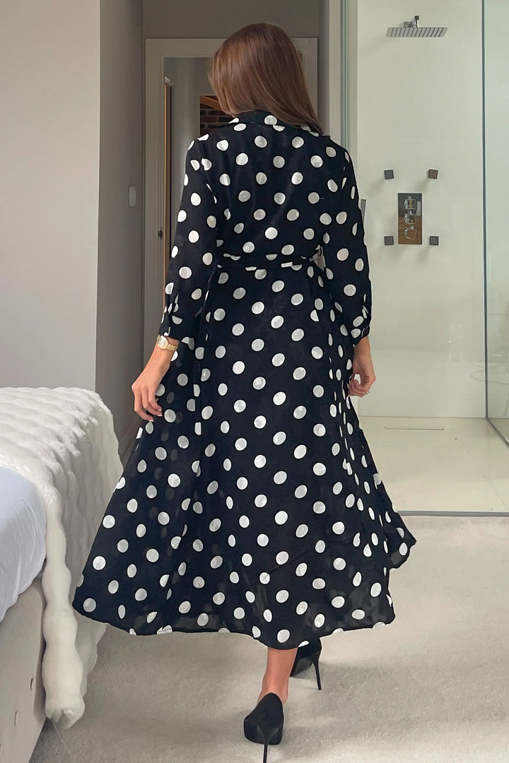 Angela Black and White Polkadot Print Burnout Material Long Sleeve Shirt Dress