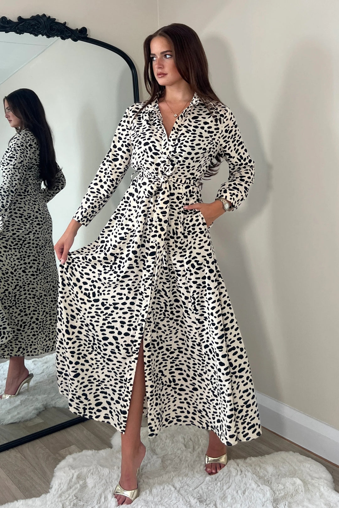 Angela Ivory Animal Print Long Sleeve Shirt Dress