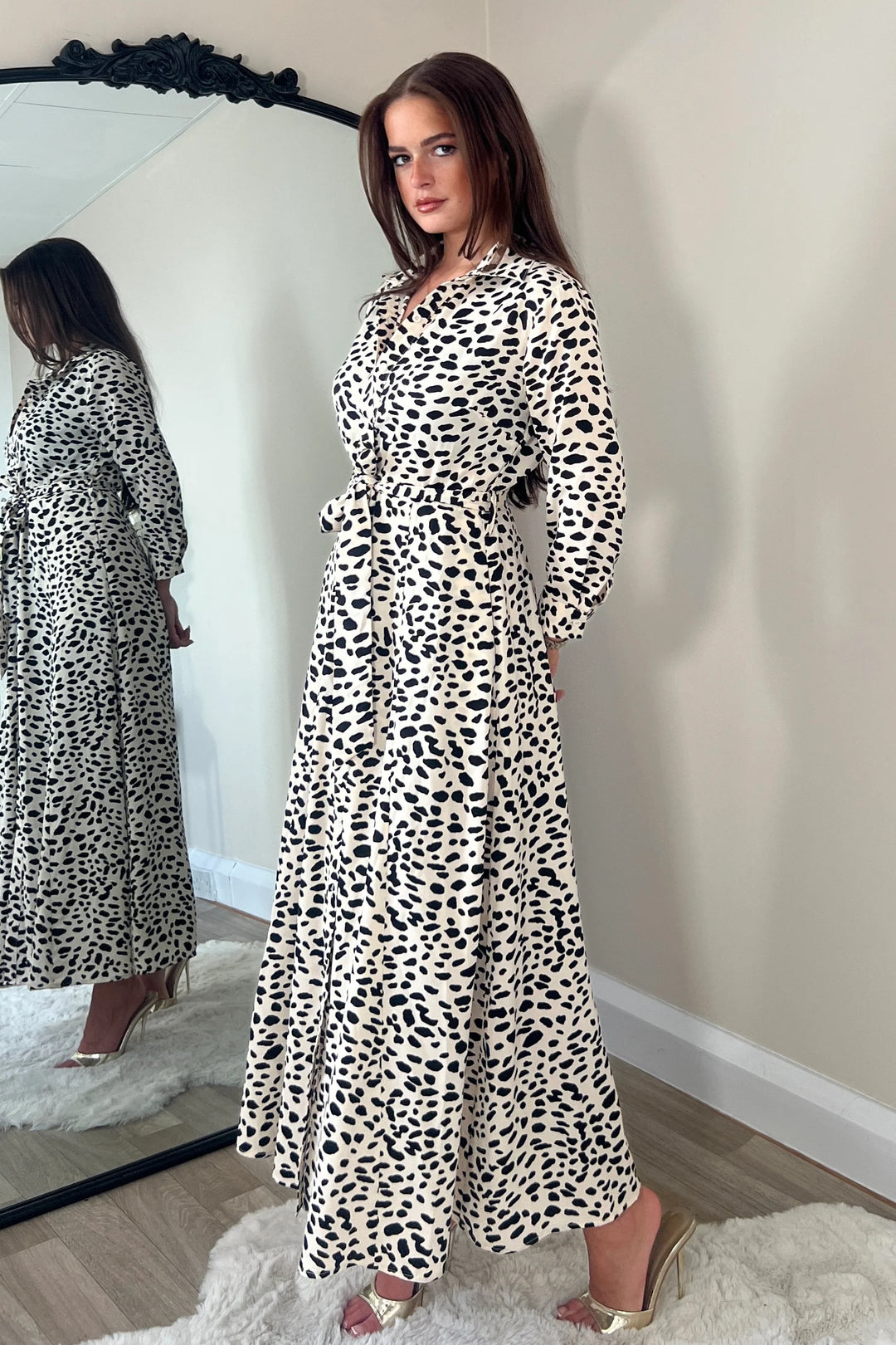 Angela Ivory Animal Print Long Sleeve Shirt Dress