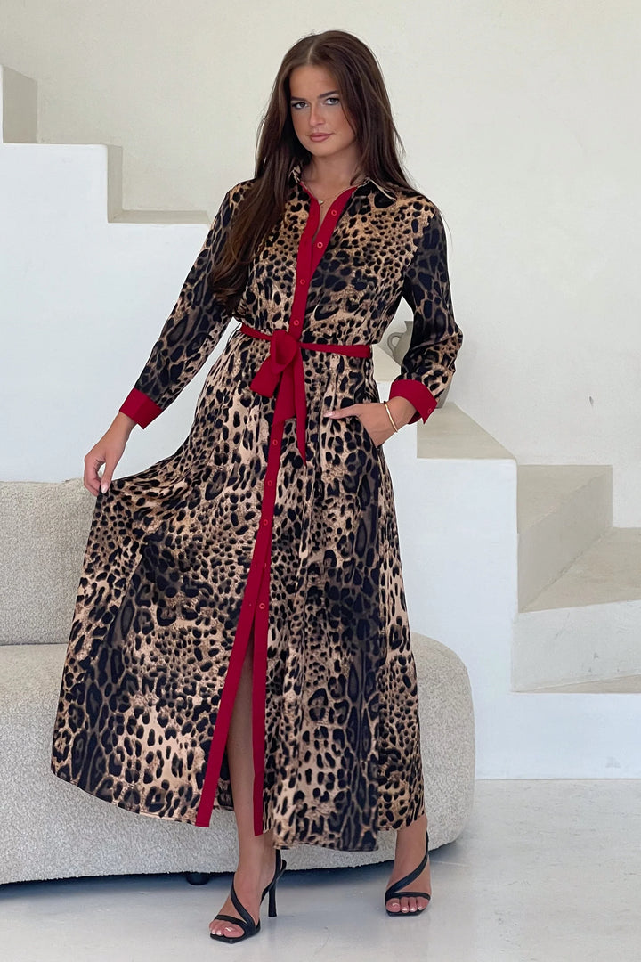 Angela Leopard Print Red Long Sleeve Shirt Dress