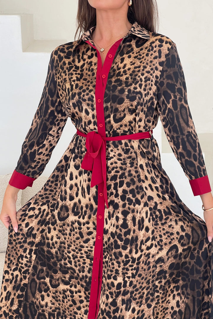 Angela Leopard Print Red Long Sleeve Shirt Dress