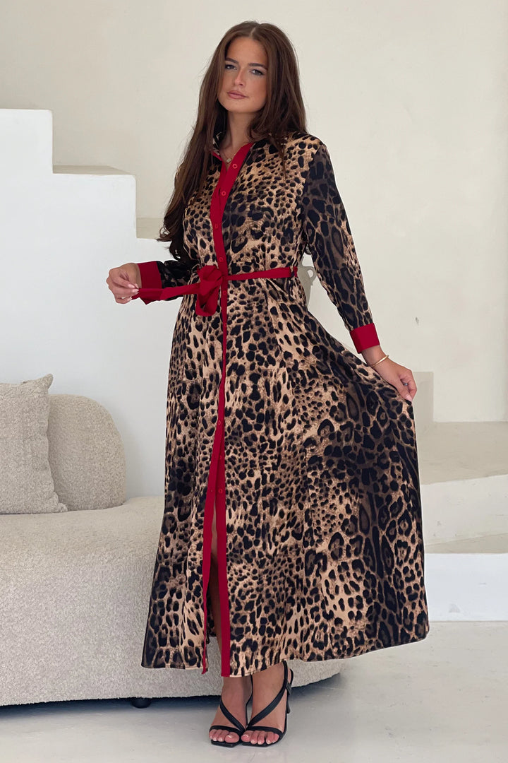 Angela Leopard Print Red Long Sleeve Shirt Dress