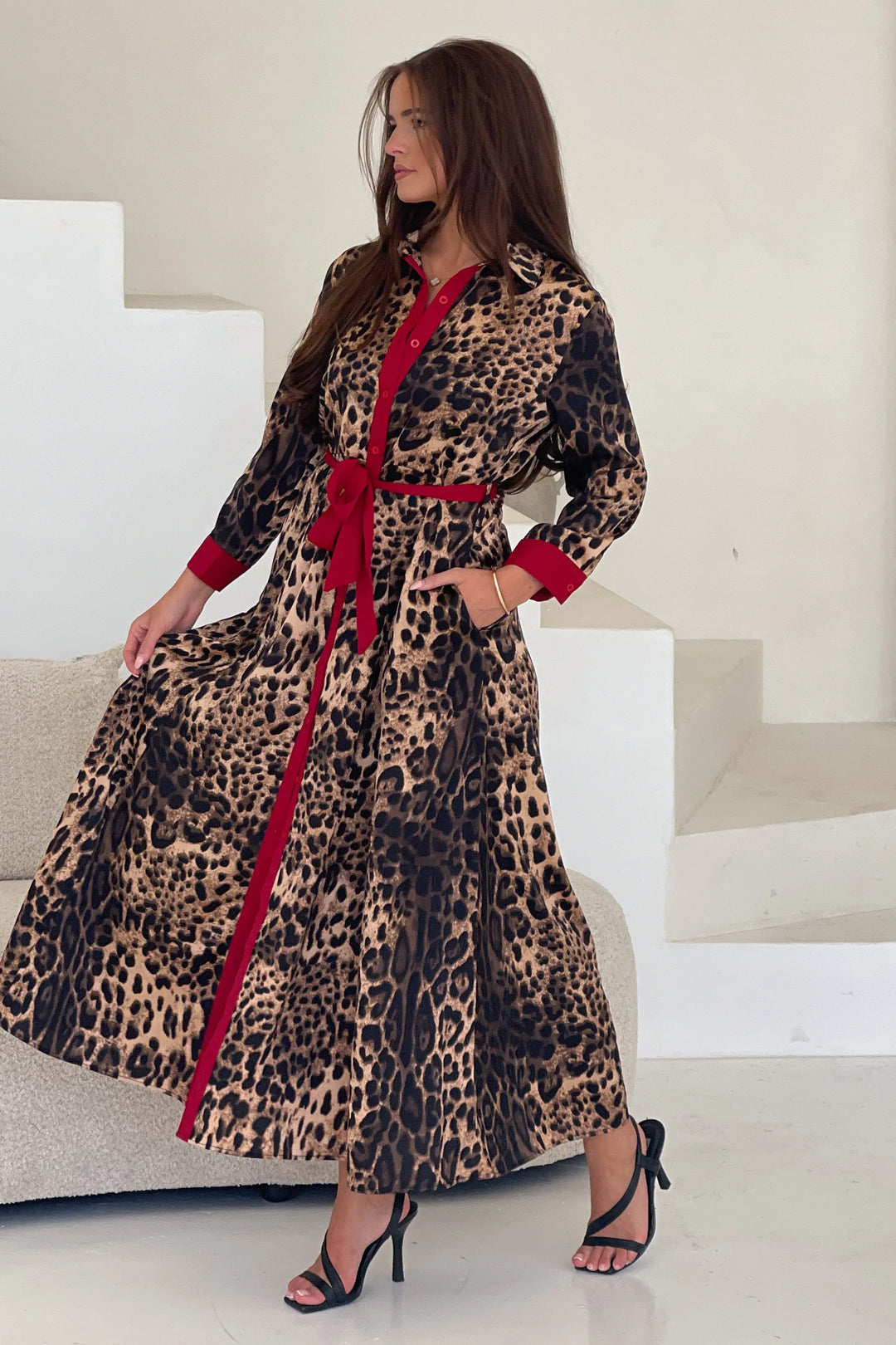 Angela Leopard Print Red Long Sleeve Shirt Dress