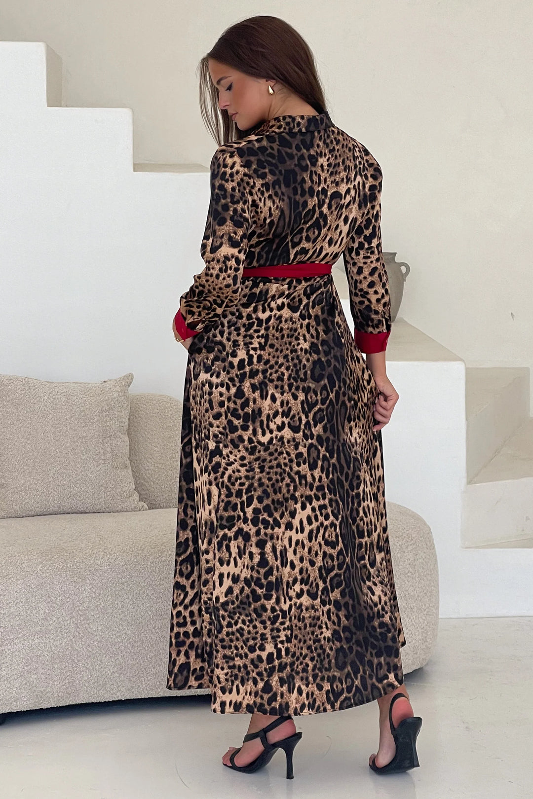 Angela Leopard Print Red Long Sleeve Shirt Dress