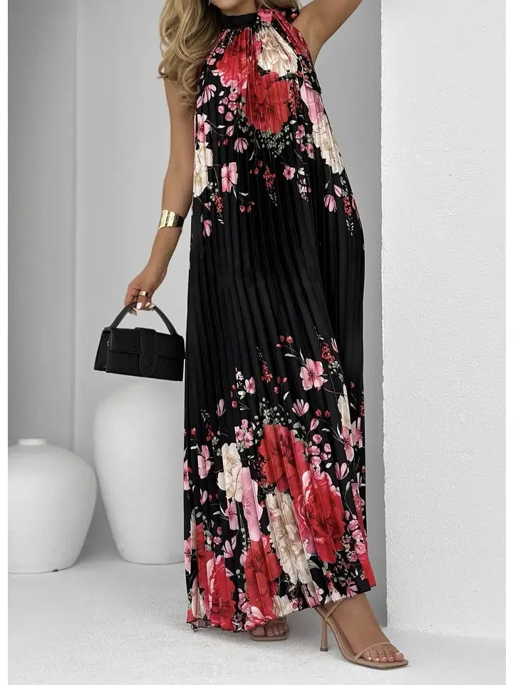 Antigua Black Floral Halter Neck Pleated Maxi Dress