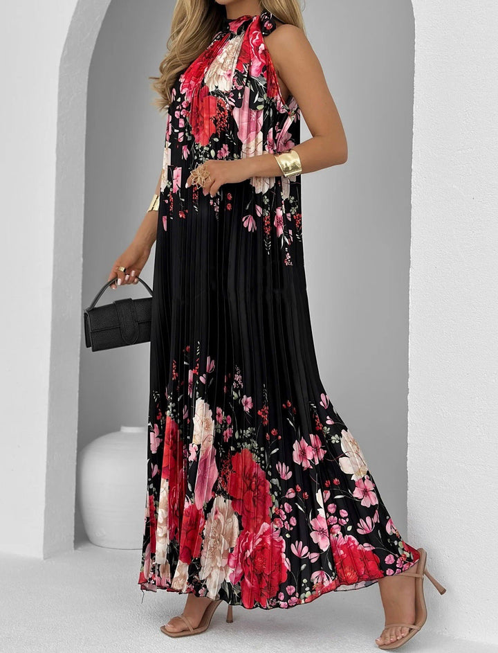 Antigua Black Floral Halter Neck Pleated Maxi Dress