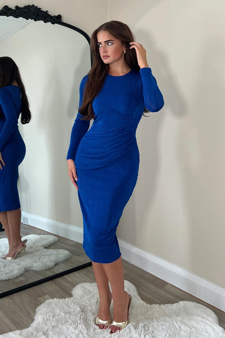 Antonia Blue Long Sleeve Wrap Midi Dress