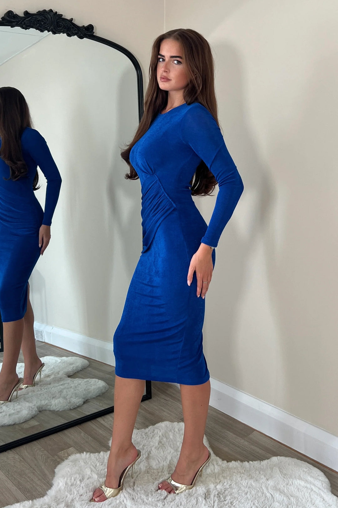 Antonia Blue Long Sleeve Wrap Midi Dress