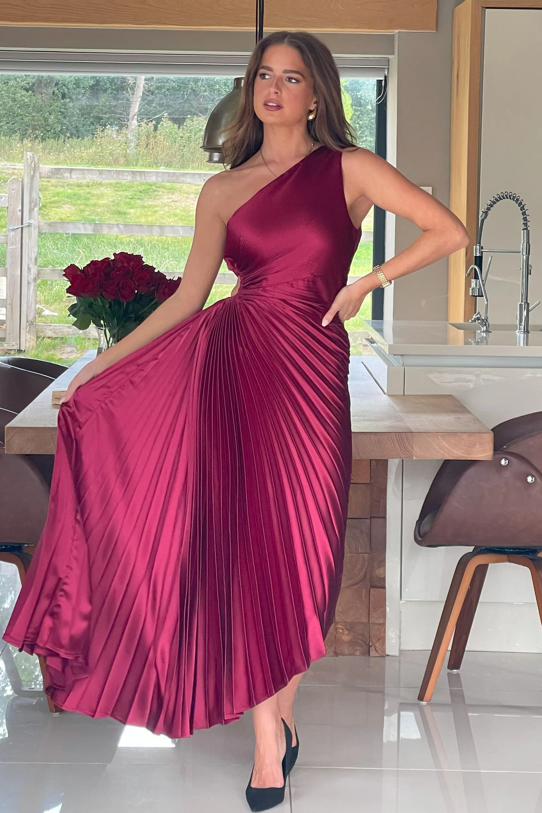 one shoulder cut out pleated dress Brooklynn One-Shoulder Accordion Pleat Dress Black XS