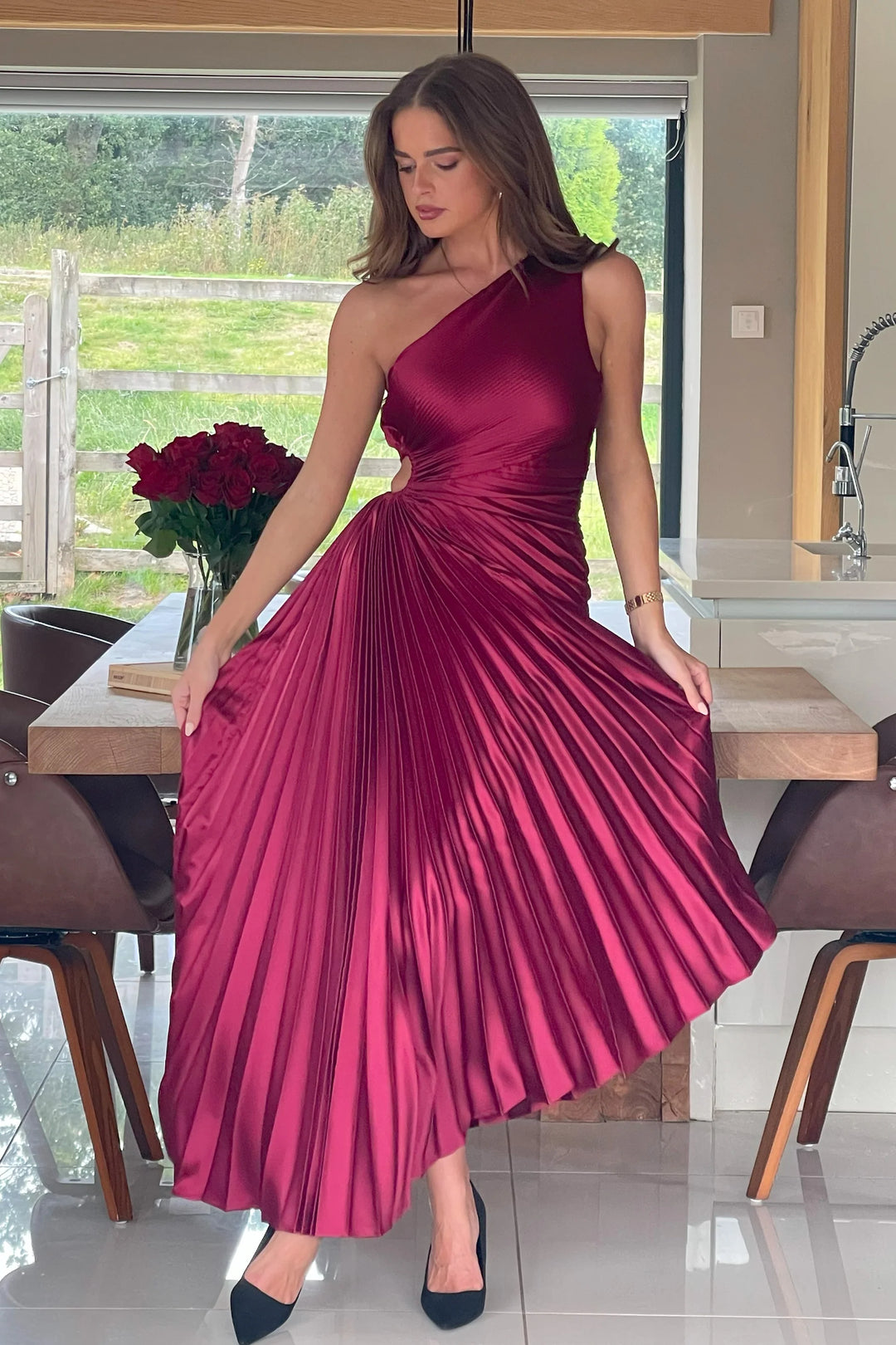 Aoife Berry Red One Shoulder Pleated Midi Dress