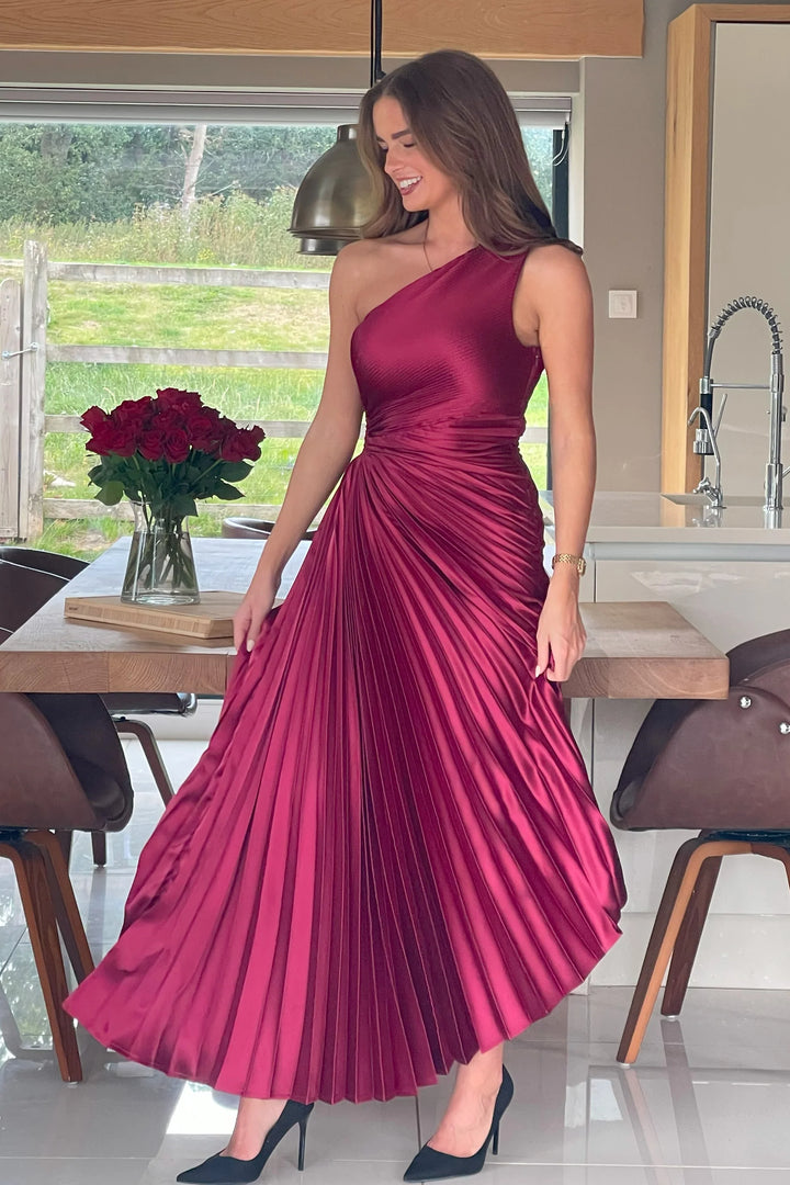 Aoife Berry Red One Shoulder Pleated Midi Dress