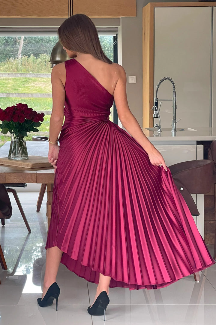 Aoife Berry Red One Shoulder Pleated Midi Dress