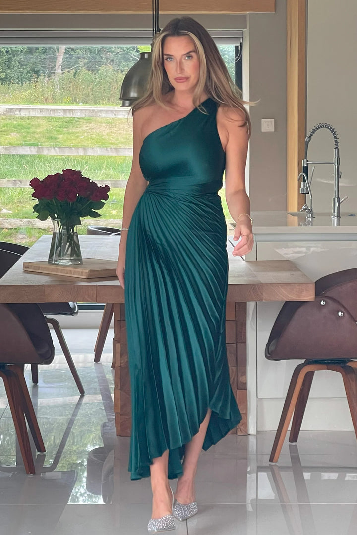 Aoife Emerald Green One Shoulder Pleated Midi Dress
