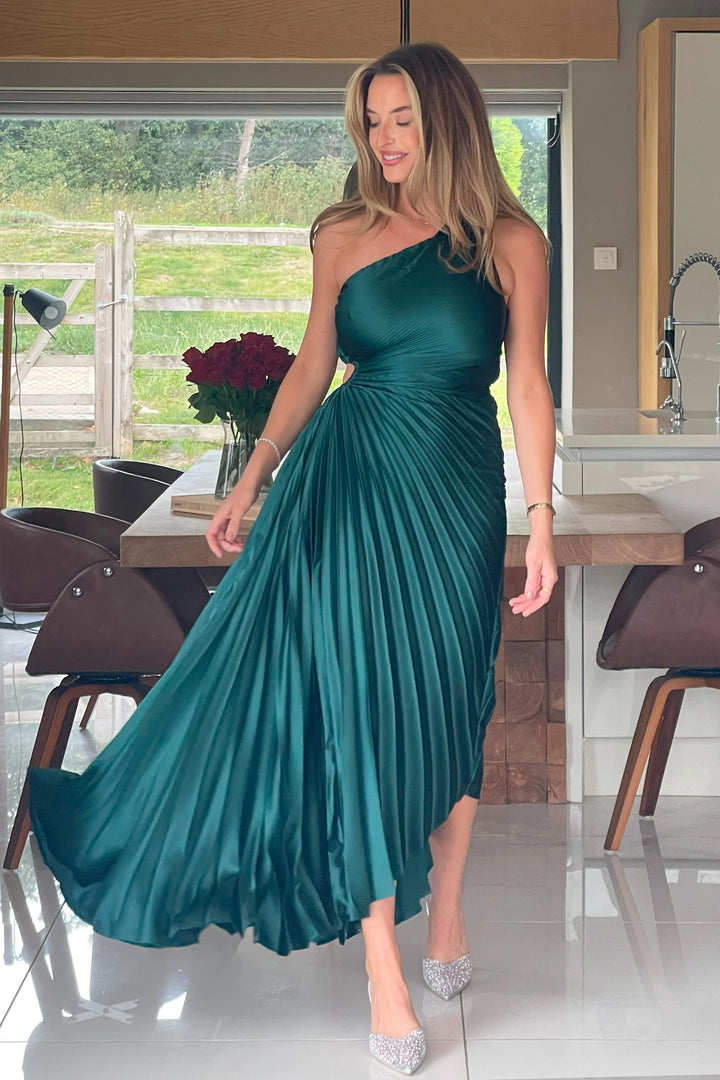 Aoife Emerald Green One Shoulder Pleated Midi Dress