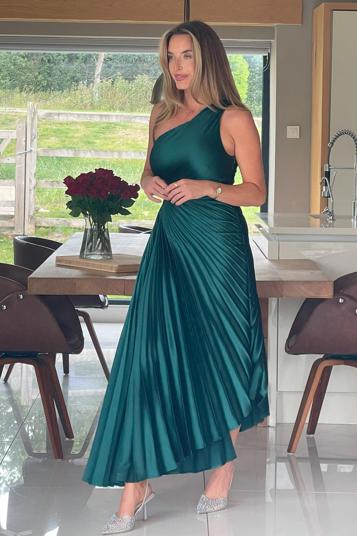 Aoife Emerald Green One Shoulder Pleated Midi Dress