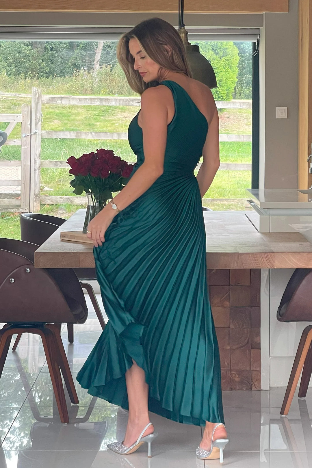 Aoife Emerald Green One Shoulder Pleated Midi Dress | LittleMadam Aoife Emerald Green One Shoulder Pleated Midi Dress | LittleMadam