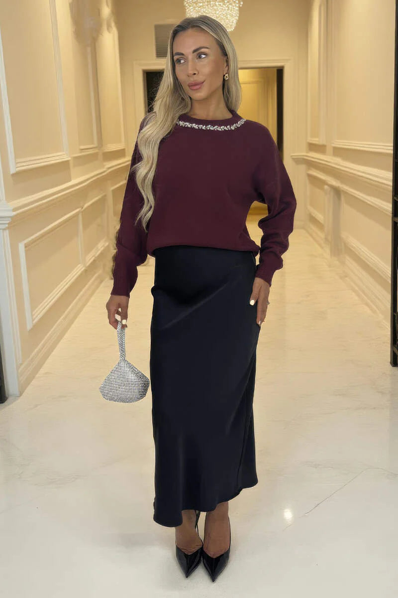 Arabella Burgundy Jewel Embellished Neck Jumper