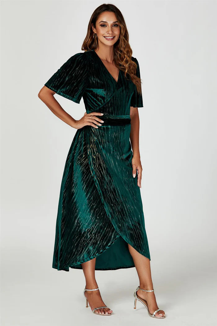 Ariana Gold Foil Green Velvet Wrap Maxi Dress