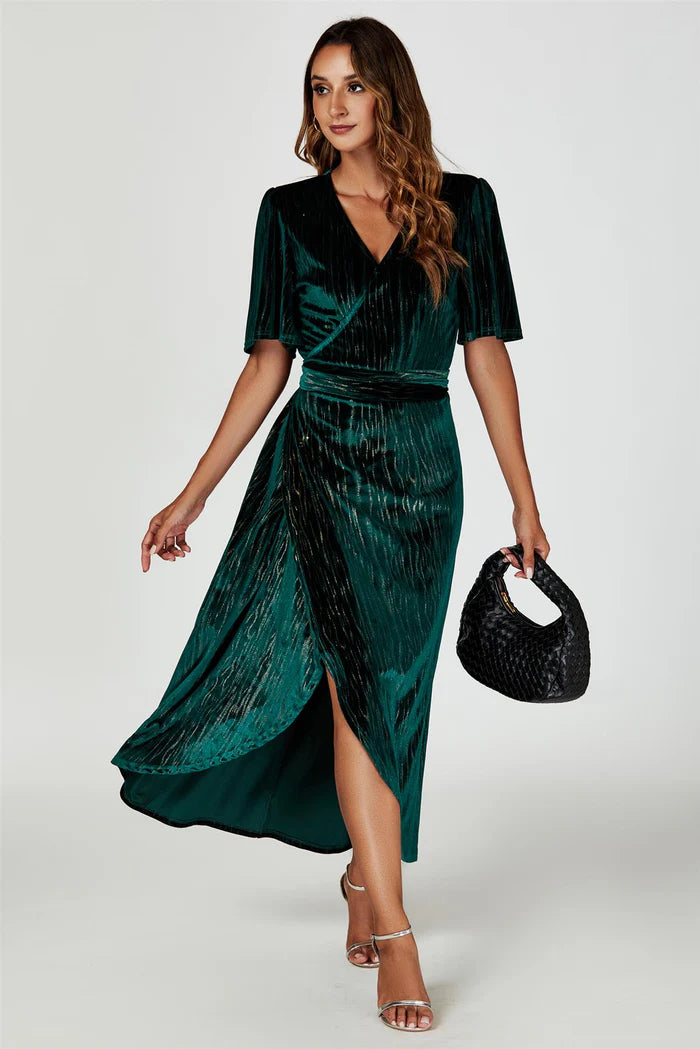 Ariana Gold Foil Green Velvet Wrap Maxi Dress