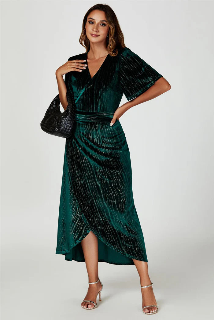 Ariana Gold Foil Green Velvet Wrap Maxi Dress