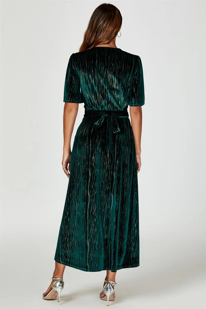 Ariana Gold Foil Green Velvet Wrap Maxi Dress