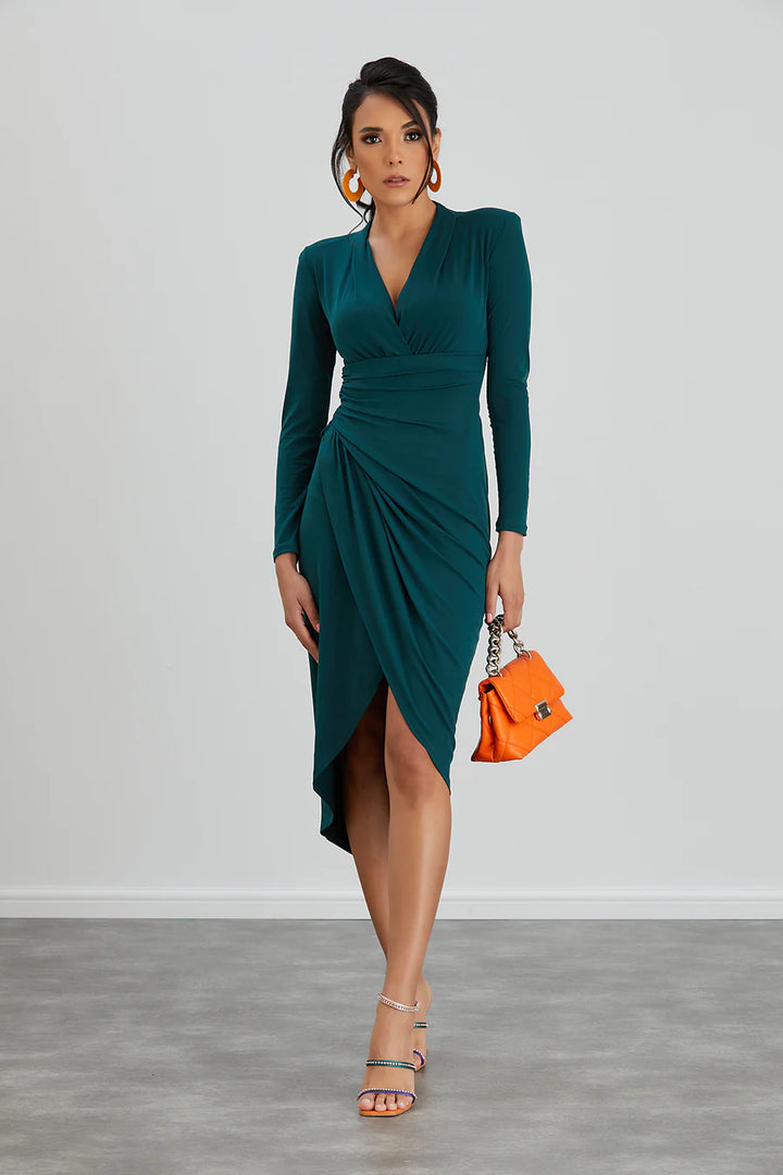 A Touch Of Class Dark Green Long Sleeve Bodycon Wrap Midi/Maxi Dress