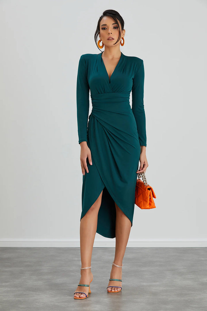 A Touch Of Class Dark Green Long Sleeve Bodycon Wrap Midi/Maxi Dress