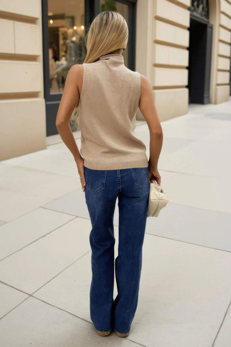 Vida Oatmeal Pearl Embellished High Neck Knit Vest