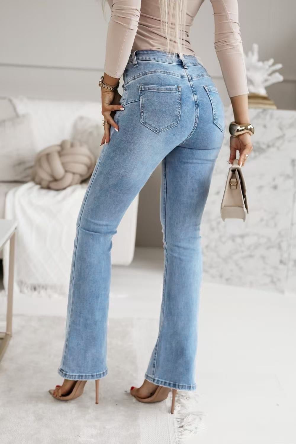 Katie Super Stretchy Light Blue Denim Fitted Flared Hem Push Up High Waist Jeans