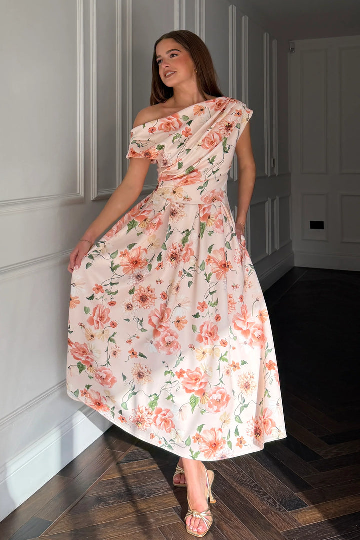 Betty Peach Floral Asymmetric Neckline Skater Midi Dress With Pockets
