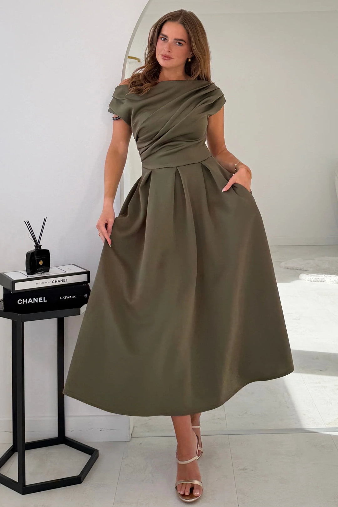 Betty Khaki Asymmetric Neckline Skater Maxi Dress With Pockets