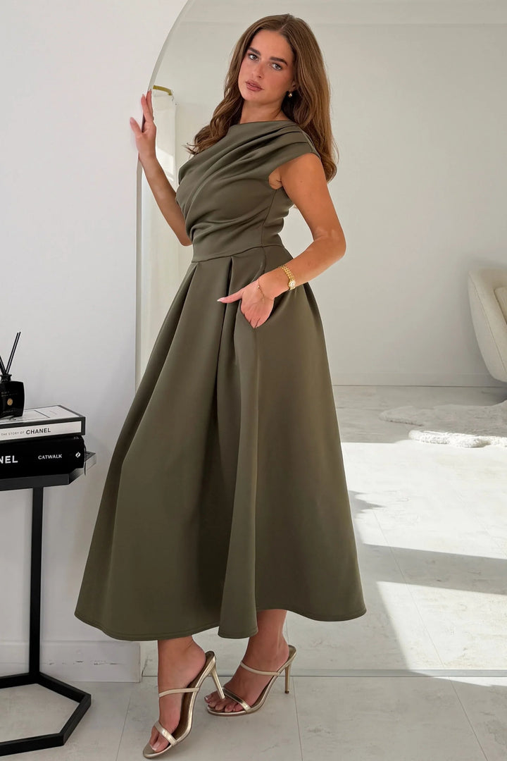 Betty Khaki Asymmetric Neckline Skater Maxi Dress With Pockets