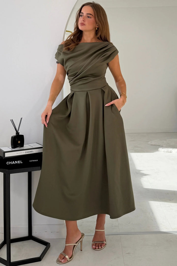 Betty Khaki Asymmetric Neckline Skater Maxi Dress With Pockets