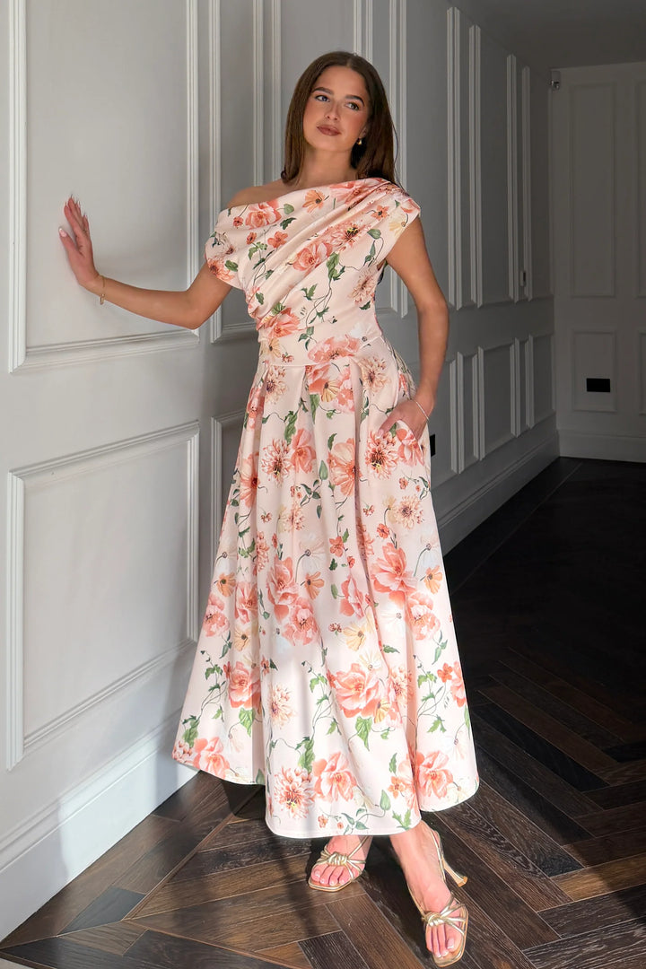 Betty Peach Floral Asymmetric Neckline Skater Midi Dress With Pockets