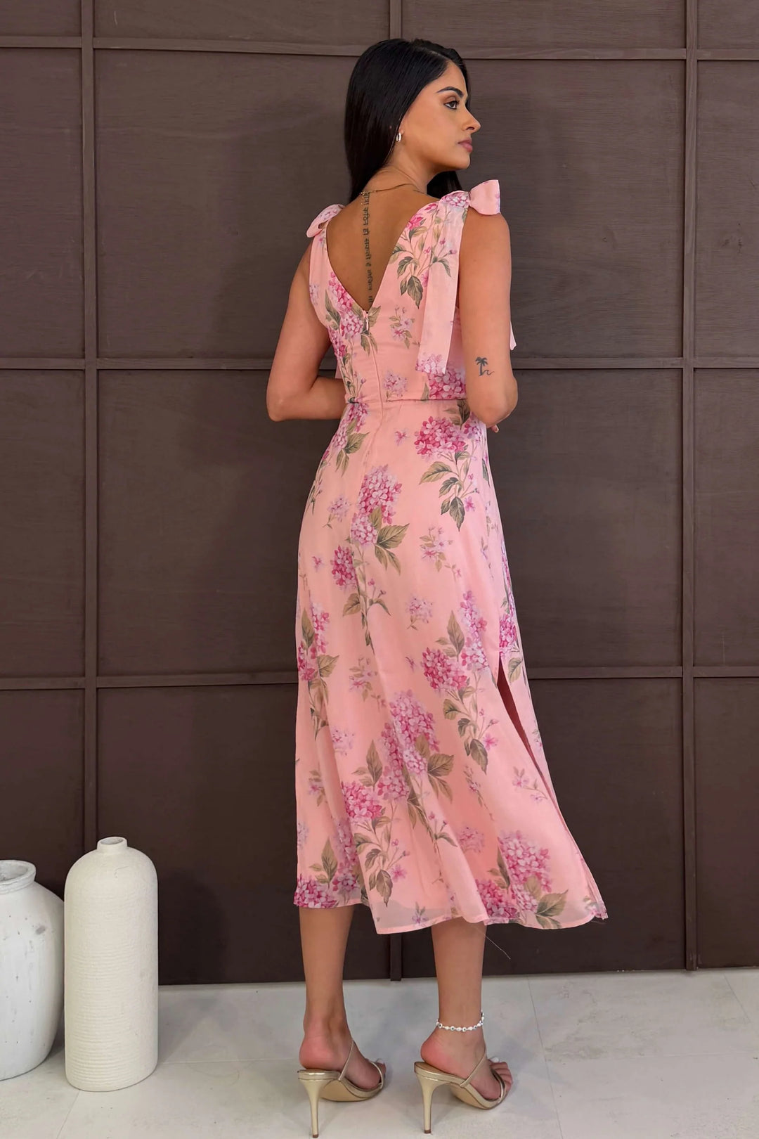 Beverly Pink Floral Tie Shoulder Midi Dress