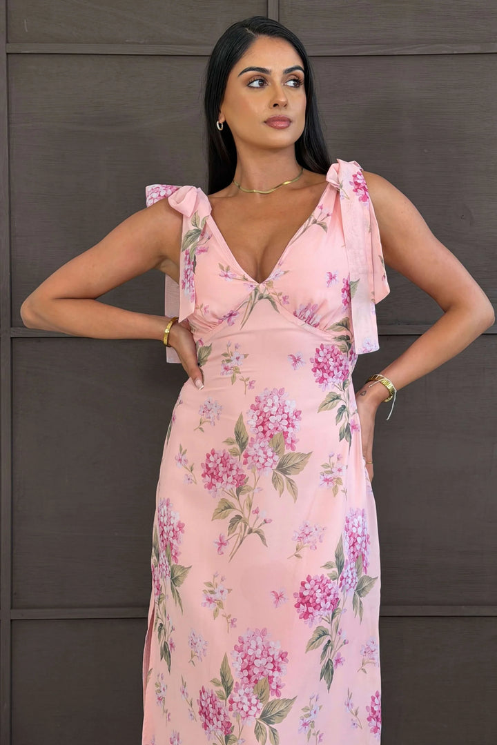 Beverly Pink Floral Tie Shoulder Midi Dress