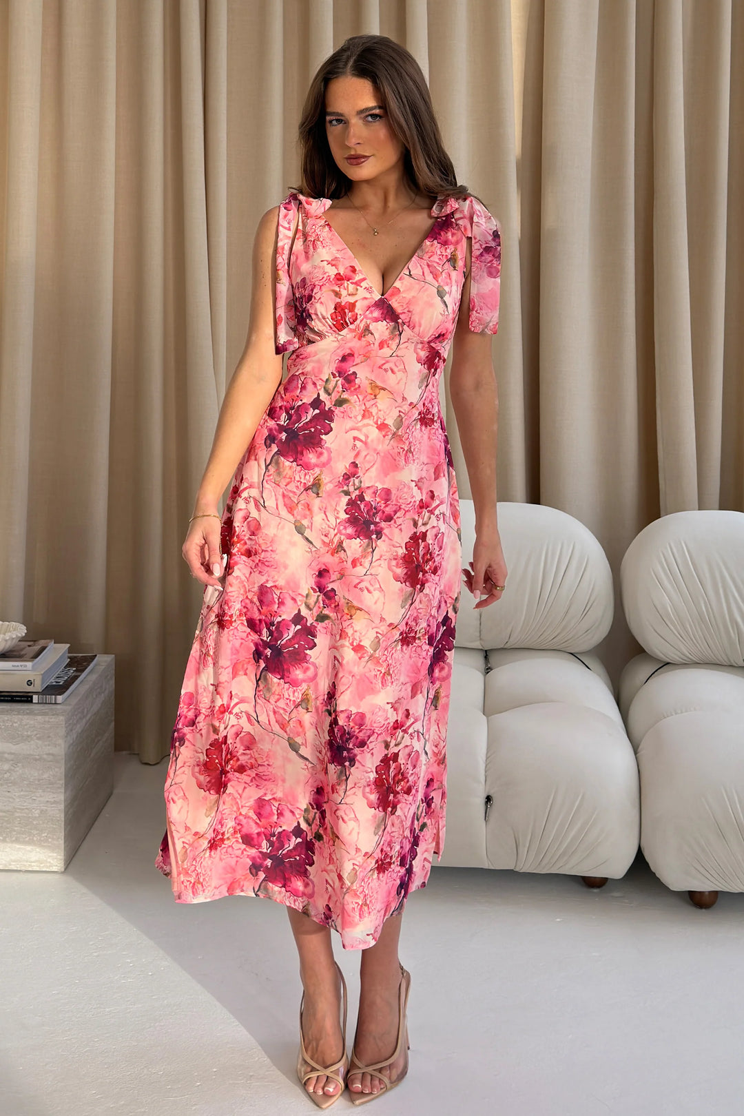 Beverly Pink Floral Tie Shoulder Midi Dress