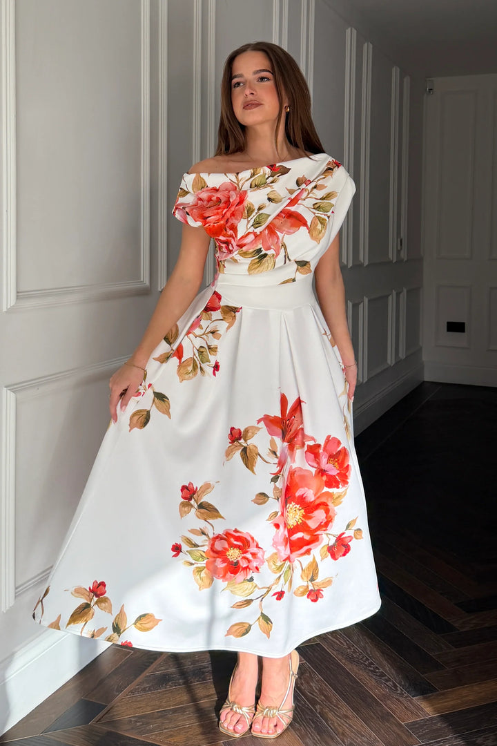 Betty Ivory and Orange Floral Asymmetric Neckline Skater Midi Dress With Pockets