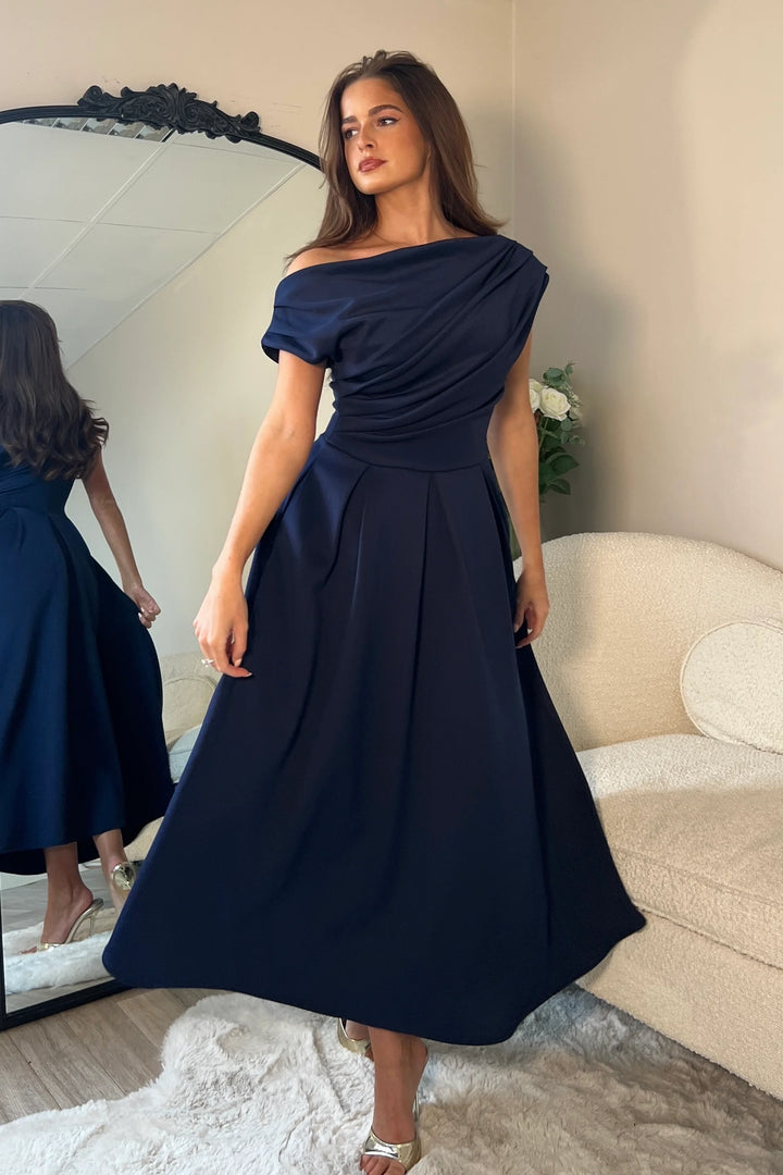 Betty Navy Asymmetric Neckline Skater Maxi Dress With Pockets